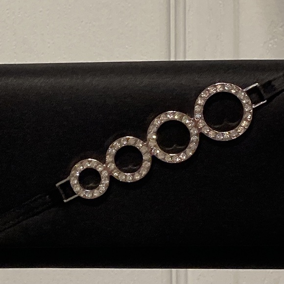 Black Satin Shoulder Evening Bag / Wristlet With Round Crystal Design - Picture 5 of 15